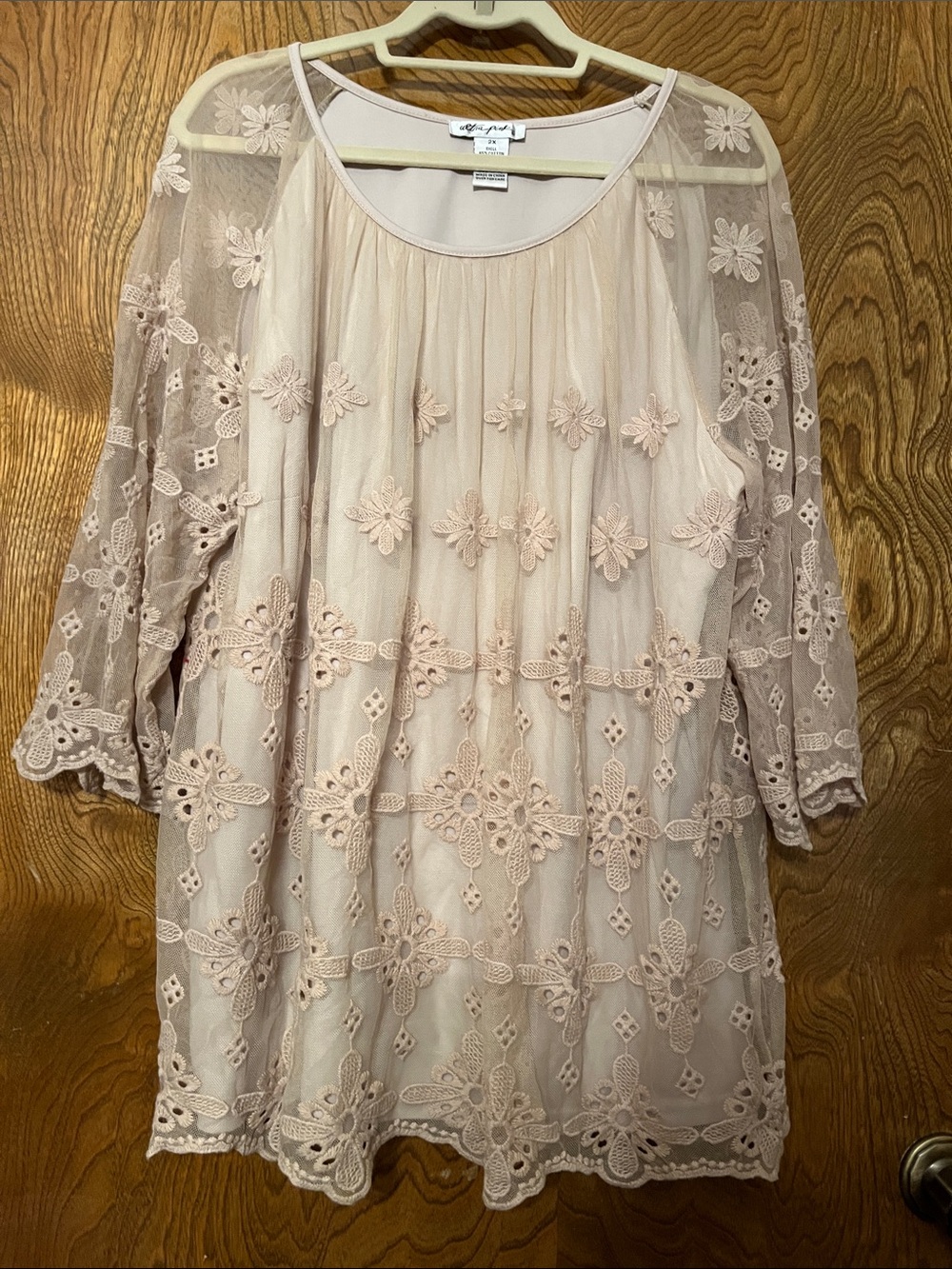 3x Ultra Pink tan Lace Overlay Tunic with Floral Embroidery